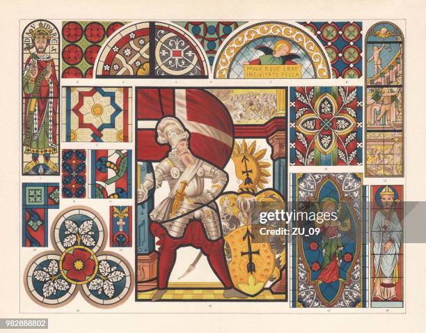 stained glass, lithograph, published in 1897 - medieval flag stock illustrations