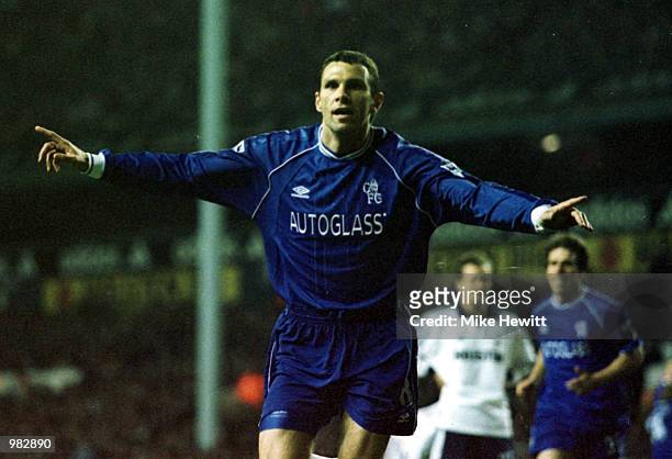 Gustavo Poyet of Chelsea celebrates his goal during the FA Carling Premier League game between Tottenham Hotspur and Chelsea at White Hart Lane,...