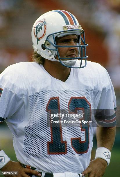 Quarterback Dan Marino of the Miami Dolphins watches the action from the sideline circa late1980's during an NFL football game. Marino played for the...