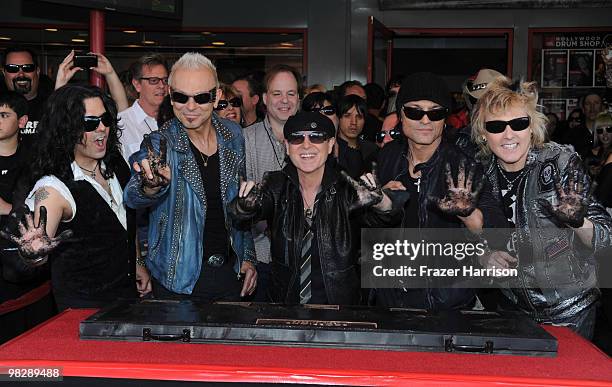 The Scorpions Pawel Maciwoda, Rudolf Schenker, Klaus Meine, Matthias Jabs, James Kottak, are inducted on Hollywood's RockWalk on April 6, 2010 in Los...