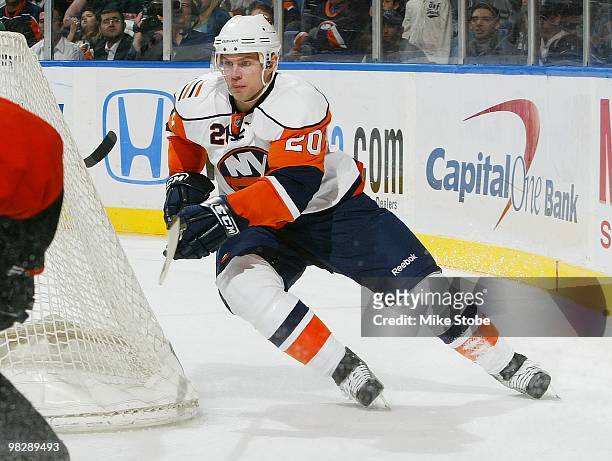 Sean Bergenheim of the New York Islanders skates against the Philadelphia Flyers on April 1, 2010 at Nassau Coliseum in Uniondale, New York....