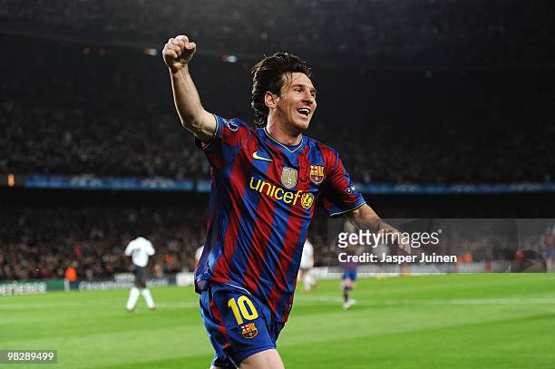 Lionel Messi of Barcelona celebrates scoring his fourth goal during the UEFA Champions League quarter final second leg match between Barcelona and...