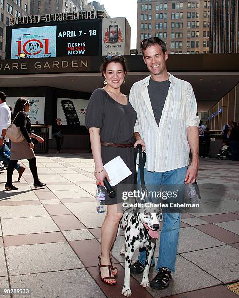 Actors Catia Ojeda and James Ludwig and show dalmation attend the welcome of "The 101 Dalmations Musical" to Madison Square Garden on April 6, 2010...