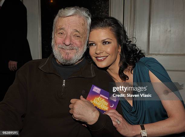 Actors Stephen Sondheim and Catherine Zeta-Jones promote "A Little Night Music Broadway Cast Recording" at the Walter Kerr Theatre on April 6, 2010...
