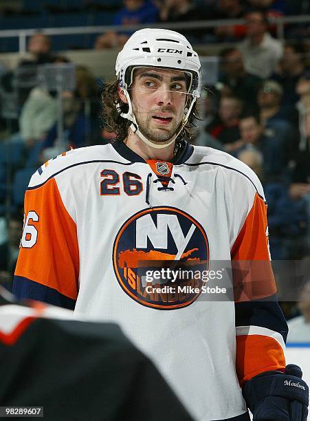 Matt Moulson of the New York Islanders looks on against the Philadelphia Flyers on April 1, 2010 at Nassau Coliseum in Uniondale, New York. Islanders...