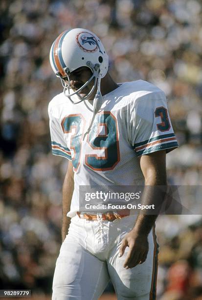 Running back Larry Csonka of the Miami Dolphins on the field during pre-game warm-ups circa mid 1970's before a NFL football game. Csonka played for...