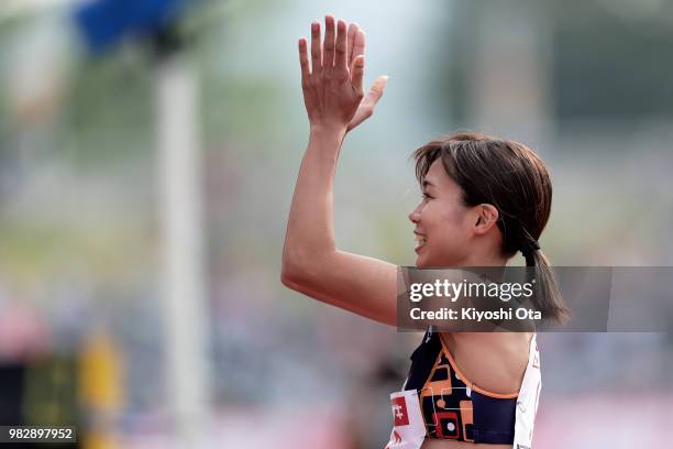 Yume Kitamura celebrates after winning the Women's 800m final on day three of the 102nd JAAF Athletic Championships at Ishin Me-Life Stadium on June...