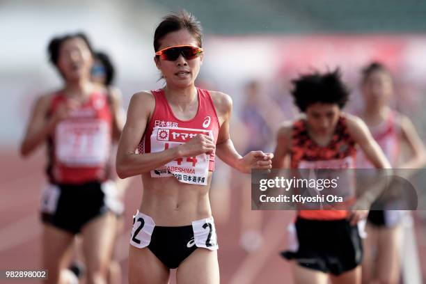 Rina Nabeshima reacts as she wins the Women's 5000m final on day three of the 102nd JAAF Athletic Championships at Ishin Me-Life Stadium on June 24,...