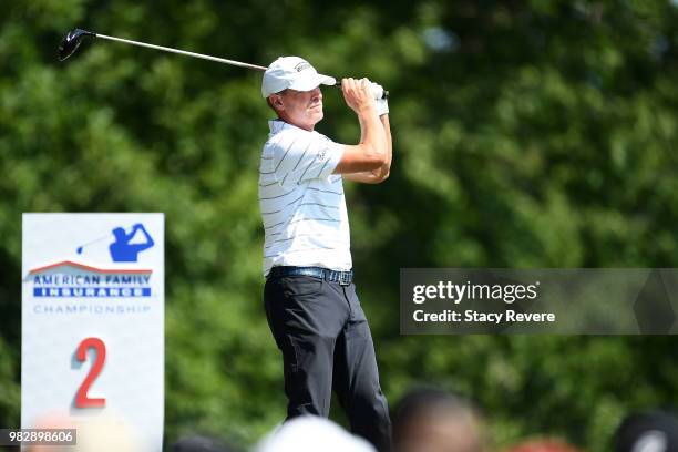 Steve Stricker takes a practice swing on the second tee box during the third and final round of the American Family Championship at University Ridge...