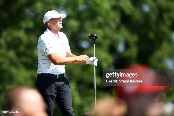 Steve Stricker hits his tee shot on the second hole during the third and final round of the American Family Championship at University Ridge Golf...