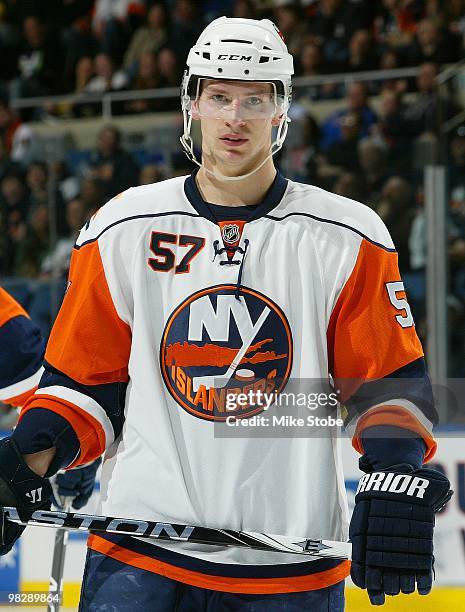 Blake Comeau of the New York Islanders looks on against the Philadelphia Flyers on April 1, 2010 at Nassau Coliseum in Uniondale, New York. Islanders...