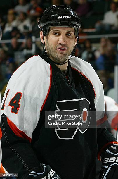 Ian Laperriere of the Philadelphia Flyers looks on against the New York Islanders on April 1, 2010 at Nassau Coliseum in Uniondale, New York....