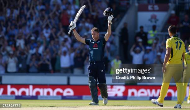 Jos Buttler of England after hitting the winning runs in the fifth Royal London One-Day International match between England and Australia at Emirates...