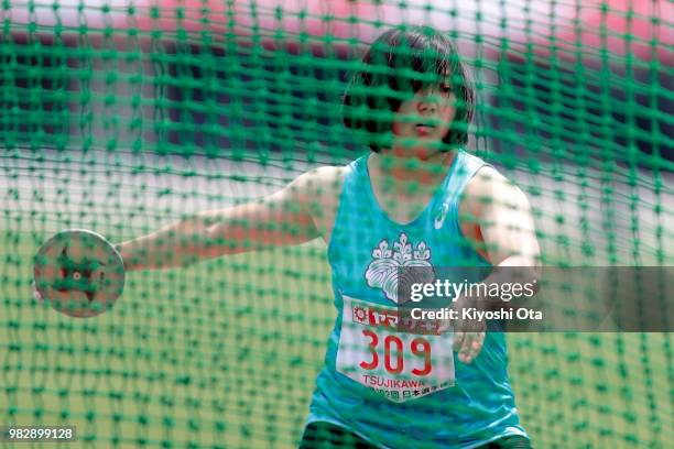 Minori Tsujikawa competes in the Women's Discus Throw final on day three of the 102nd JAAF Athletic Championships at Ishin Me-Life Stadium on June...