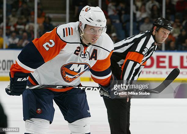 Mark Streit of the New York Islanders gets set for play against the Philadelphia Flyers on April 1, 2010 at Nassau Coliseum in Uniondale, New York....