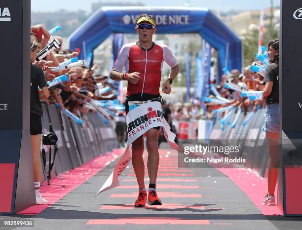 Cameron Wurf of Australia finishes 3rd at Ironman Nice on June 24, 2018 in Nice, France.