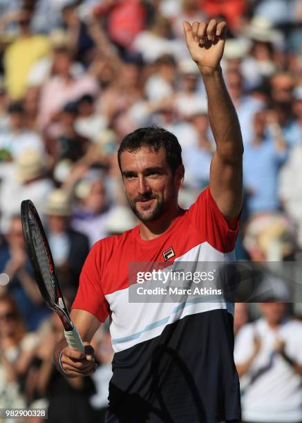 Marin Cilic of Croatia celebrates after his win over Novak Djokovic of Serbia during Day 7 of the Fever-Tree Championships at Queens Club on June 24,...