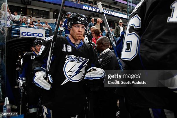 Stephane Veilleux of the Tampa Bay Lightning heads out to the ice during pre-game skate against the New York Rangers at the St. Pete Times Forum on...