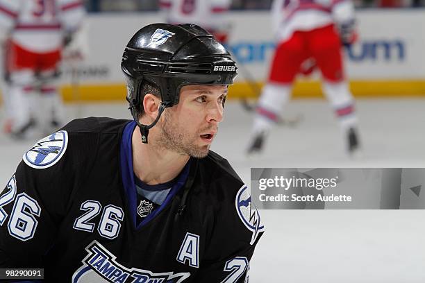 Martin St. Louis of the Tampa Bay Lightning warms up during pre-game skate against the New York Rangers at the St. Pete Times Forum on April 2, 2010...