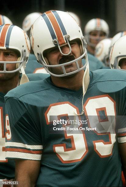 S: Running back Larry Csonka of the Miami Dolphins coming onto the field circa mid 1970's before the start of an NFL football game at the Orange Bowl...