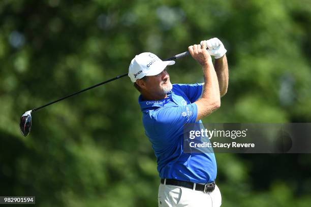 Jerry Kelly hits his tee shot on the second hole during the third and final round of the American Family Championship at University Ridge Golf Course...