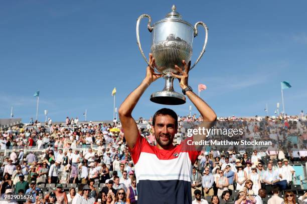 Marin Cilic of Croatia celebrates his win during his men's singles final match against Novak Djokovic of Serbia on Day Seven of the Fever-Tree...