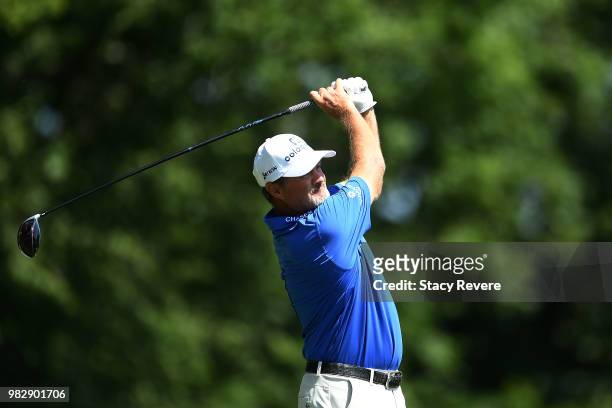 Jerry Kelly hits his tee shot on the second hole during the third and final round of the American Family Championship at University Ridge Golf Course...