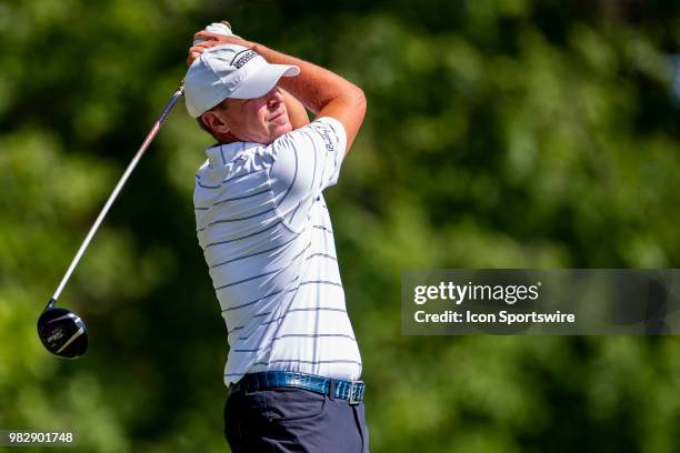 Steve Stricker takes a warmup swing at the 2nd hole during American Family Insurance Championship on June 24th, 2018 at the University Ridge Golf...