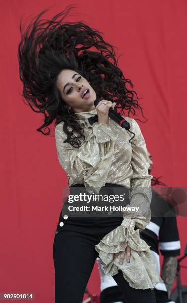 Camila Cabello performs on the main stage at Seaclose Park on June 24, 2018 in Newport, Isle of Wight.