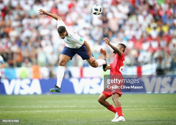 Ruben Loftus-Cheek of England wins a header over Anibal Godoy of Panama during the 2018 FIFA World Cup Russia group G match between England and...