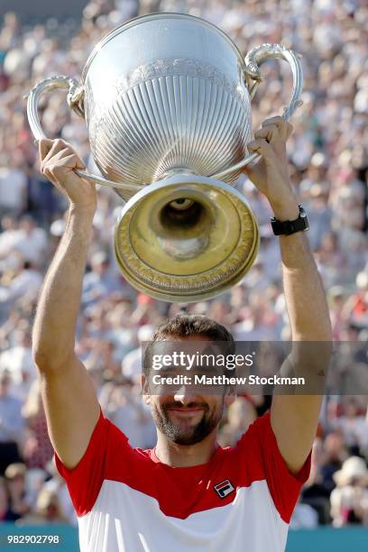 Marin Cilic of Croatia celebrates his win during his men's singles final match against Novak Djokovic of Serbia on Day Seven of the Fever-Tree...