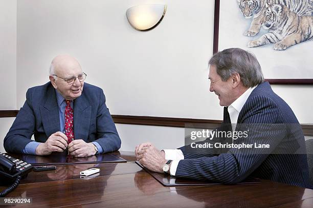 Paul Volcker and TV Talk show host Charlie Rose pose for a portrait session on December 29 New York, NY.