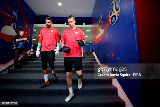 Wojciech Szczesny of Poland walks out for the warm up prior to the 2018 FIFA World Cup Russia group H match between Poland and Colombia at Kazan...