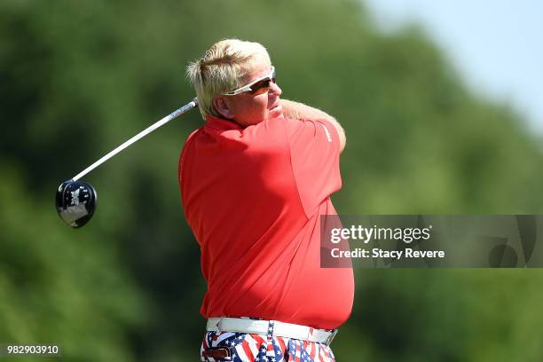 John Daly hits his tee shot on the second hole during the third and final round of the American Family Championship at University Ridge Golf Course...