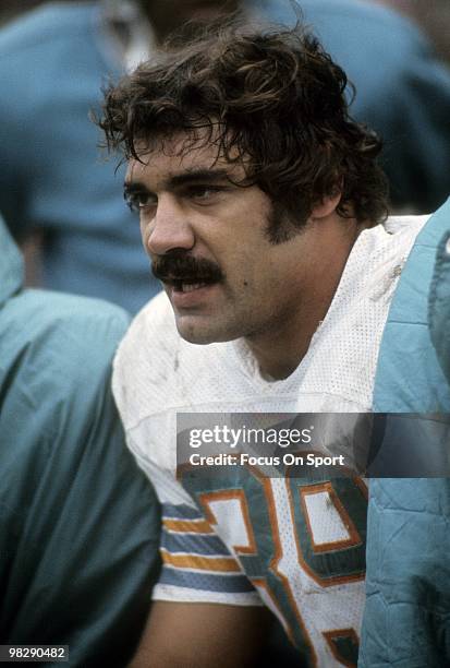 Running back Larry Csonka of the Miami Dolphins watches the action from the sidelines circa mid 1970's during an NFL football game. Csonka played for...