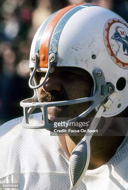 Running back Larry Csonka of the Miami Dolphins watches the action from the sidelines circa mid 1970's during an NFL football game. Csonka played for...
