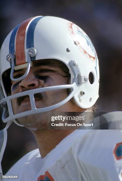 Running back Larry Csonka of the Miami Dolphins watches the action from the sidelines circa mid 1970's during an NFL football game. Csonka played for...
