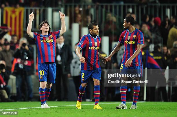 Lionel Messi of Barcelona celebrates his fourth goal during the UEFA Champions League quarter final second leg match between Barcelona and Arsenal at...