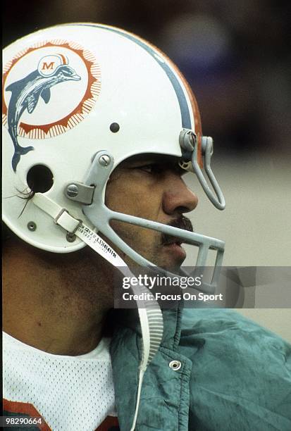 Running back Larry Csonka of the Miami Dolphins watches the action from the sidelines circa mid 1970's during an NFL football game. Csonka played for...