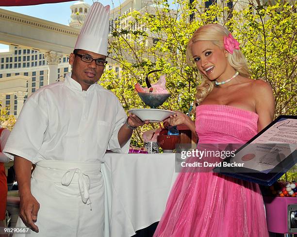 Television personality/model Holly Madison receives a "Holly's Pink Peppermint Sundae" from Caesars Palace's executive pastry chef Randy Sebastian,...