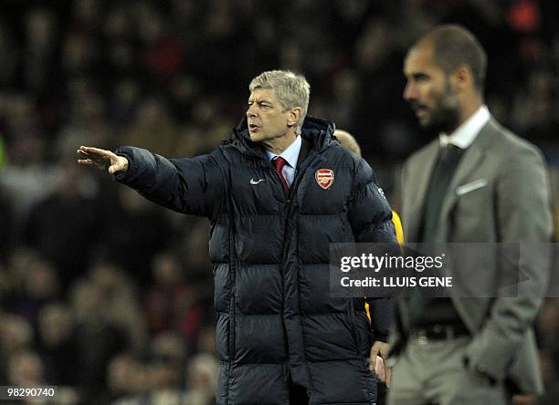 Arsenal´s coach Arsene Wenger gestures during the UEFA Champions League football match between Barcelona and Arsenal at the Camp Nou stadium in...