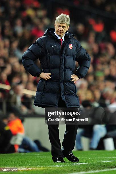 Manager of Arsenal Arsene Wenger looks dejected during the UEFA Champions League quarter final second leg match between Barcelona and Arsenal at Camp...