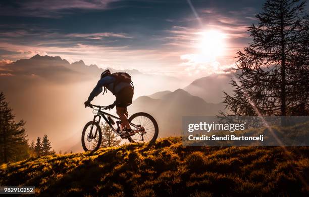 a mountain biker bikini at sunset - mountainbiken fietsen stockfoto's en -beelden