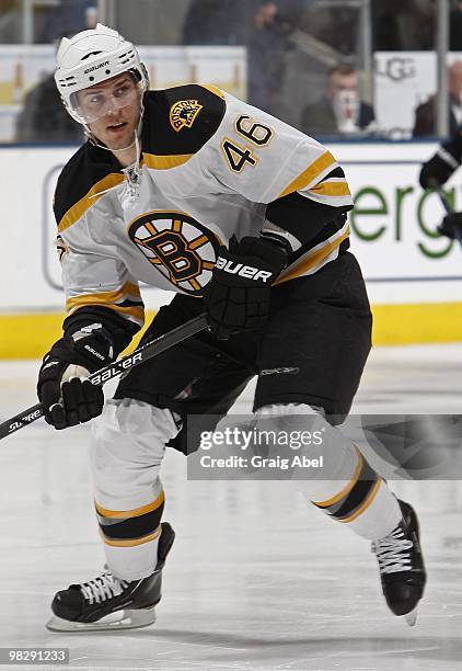 David Krejci of the Boston Bruins skates during the game against the Toronto Maple Leafs on April 3, 2010 at the Air Canada Centre in Toronto,...