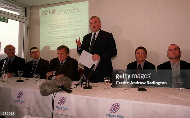 Jack Rowell, Damien Hopley, Tom Walkinshaw, Peter Wheeler, Rob Andrew and Mark Evans at a press conference to announce the formation of the Premier...