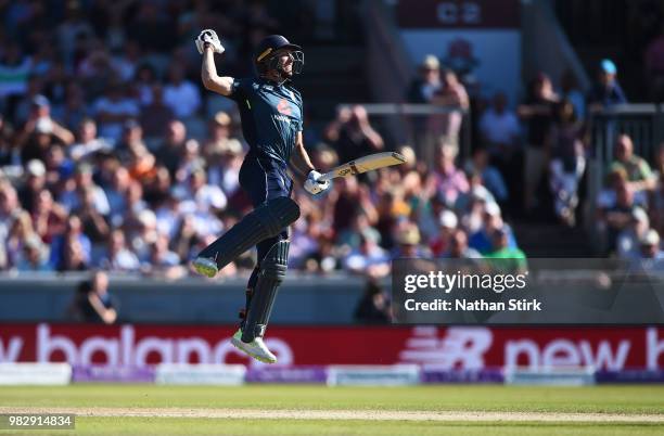 Jos Buttler celebrates after winning the match during the 5th Royal London ODI match between England and Australia at Emirates Old Trafford on June...