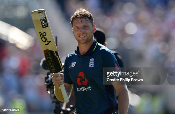 Jos Buttler of England after hitting the winning runs in the fifth Royal London One-Day International match between England and Australia at Emirates...