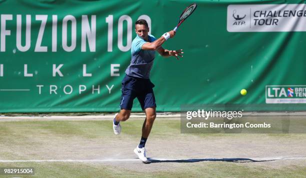 Sergiy Stakhovsky of the Ukraine in action during the Men's final between Sergiy Stakhovsky of the Ukraine and Oscar Otte of Germany on day Eight of...