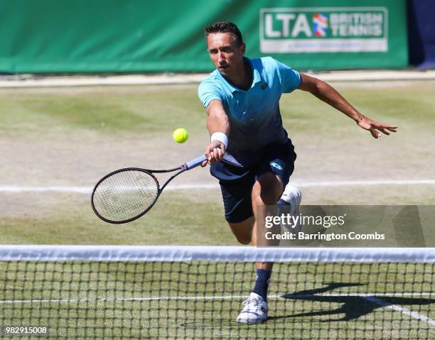 Sergiy Stakhovsky of the Ukraine in action during the Men's final between Sergiy Stakhovsky of the Ukraine and Oscar Otte of Germany on day Eight of...