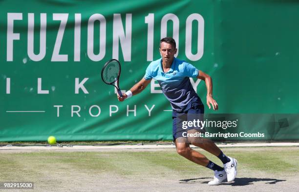 Sergiy Stakhovsky of the Ukraine in action during the Men's final between Sergiy Stakhovsky of the Ukraine and Oscar Otte of Germany on day Eight of...